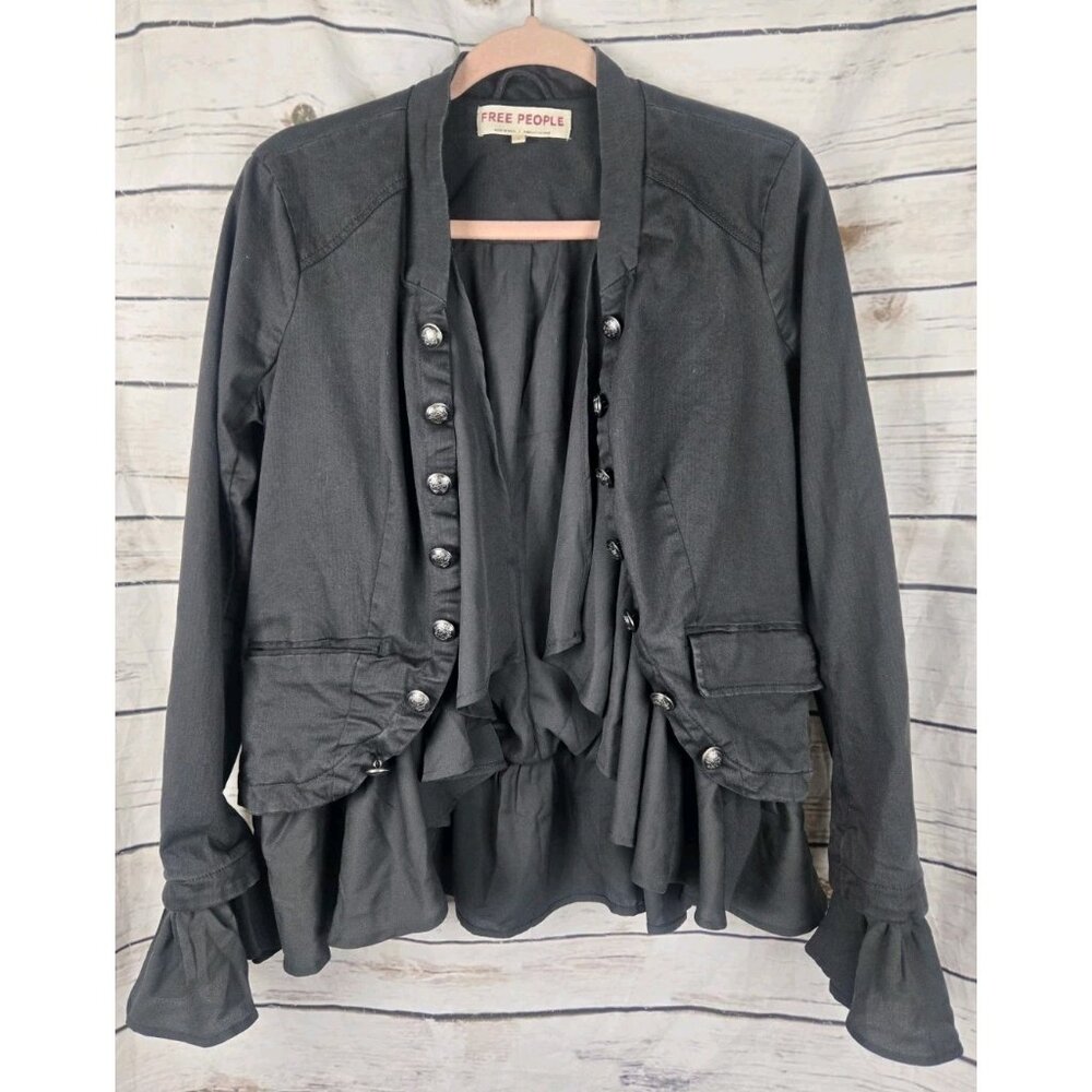 Free People Black Ruffle Military-Style Indie Sleaze Boho Jacket